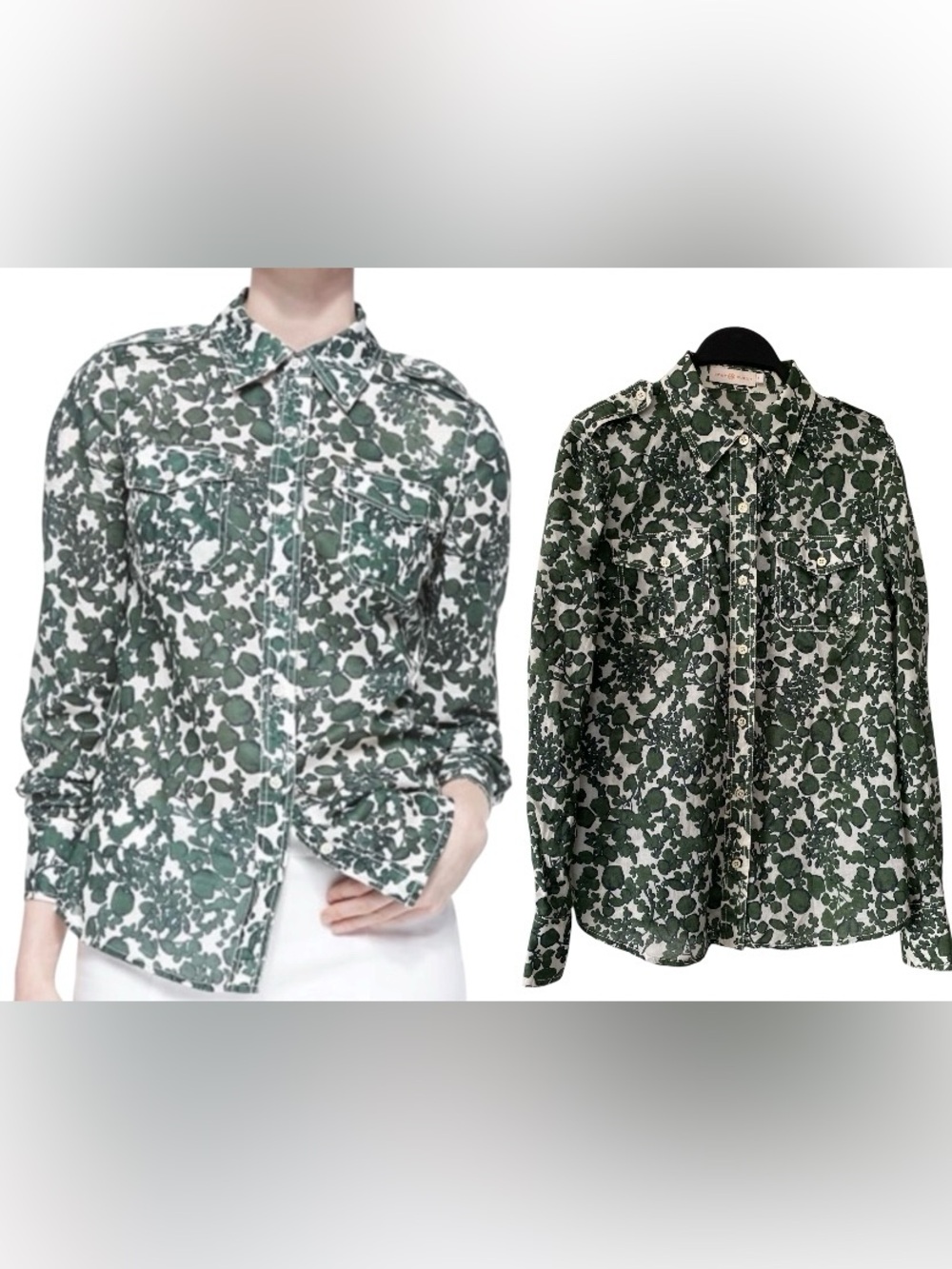 Tory Burch Womens Green White Vine Pattern Brigitte Button Up cotton top Size 6